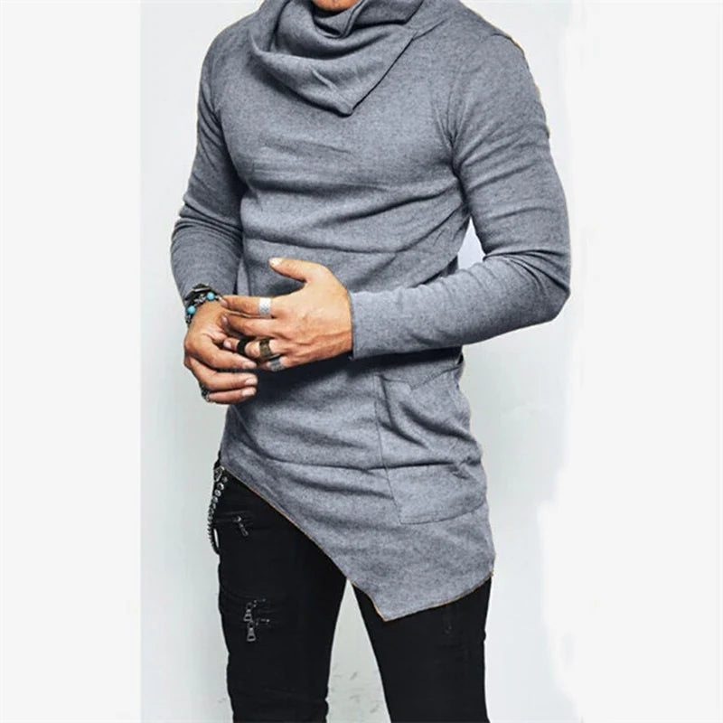 Men’s Hoodies Unbalance Hem Pocket Long Sleeve Sweatshirt For Men Clothing Autumn Turtleneck Sweatshirt Top Hoodie