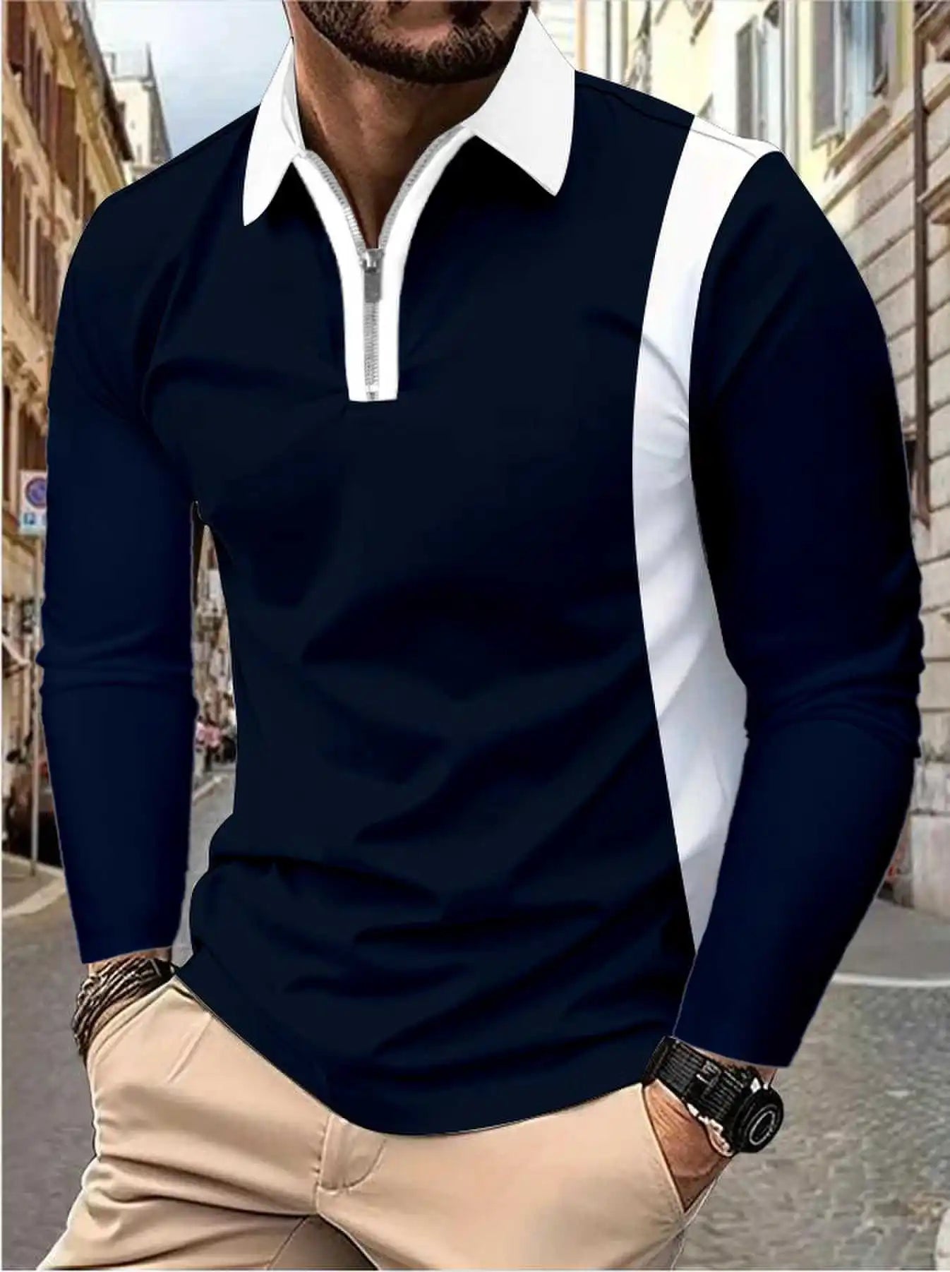 Men’s long sleeve Color matching Stylish zipper with men’s lapel long sleeve