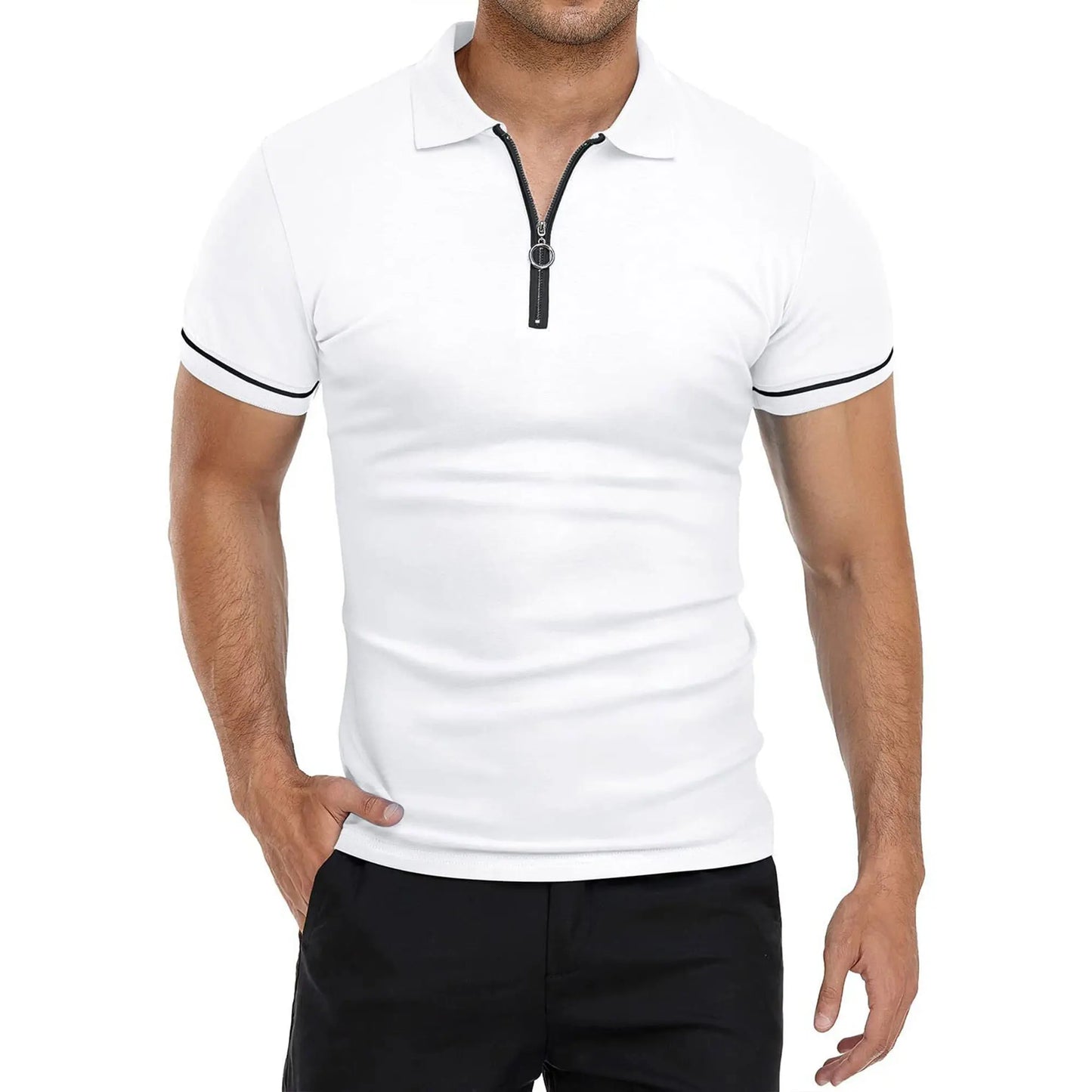 Men’s polo shirt color matching short-sleeved zipper lapel T-shirt casual shirt