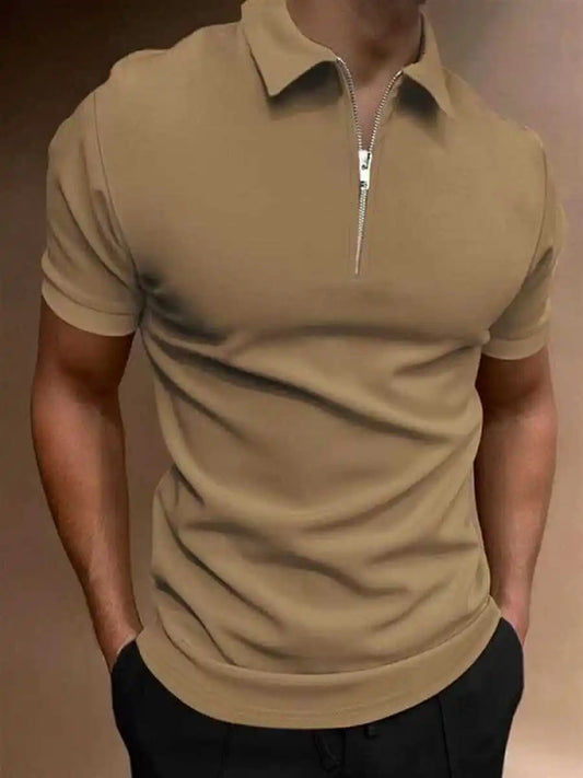 Men’s polo shirt solid color short-sleeved zipper lapel T-shirt casual top