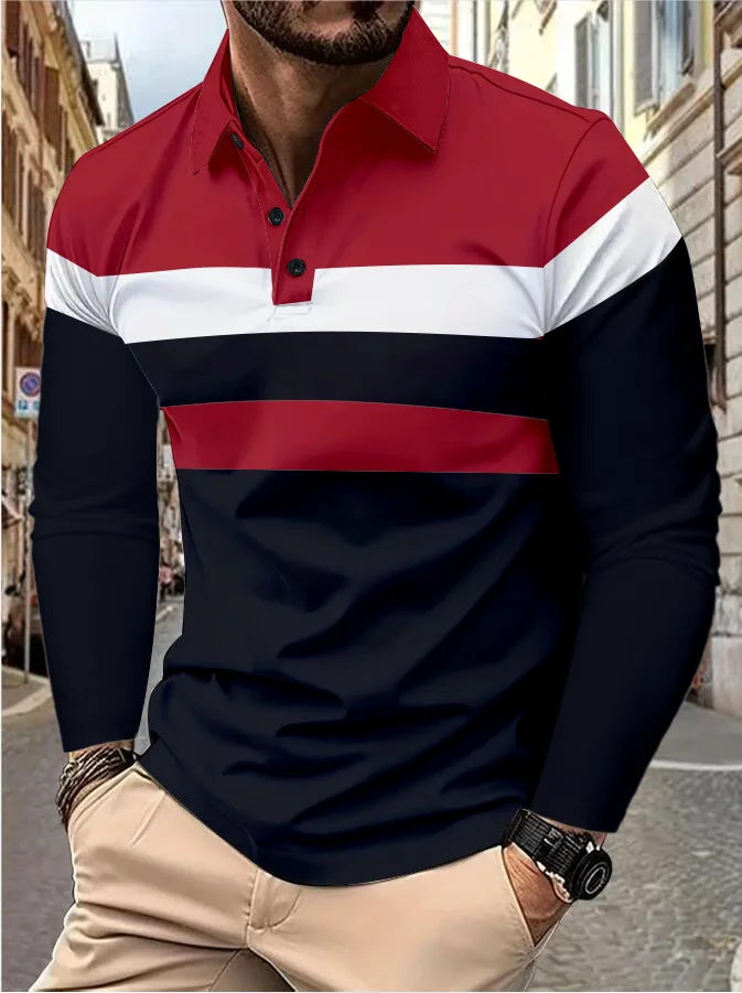 Men’s short sleeve chest three-stripe color matching fashion with men’s lapel long sleeve casual fashion short