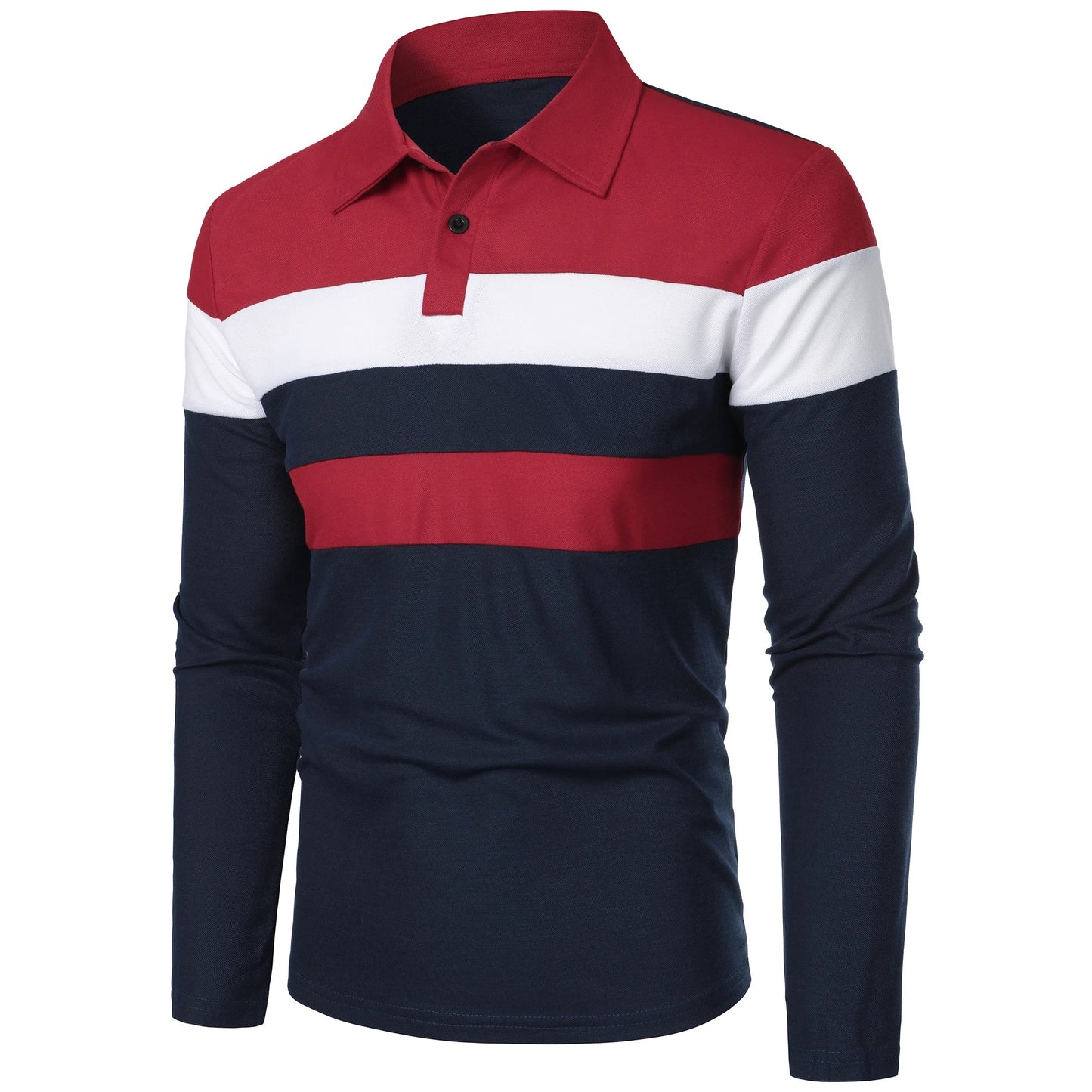 Men’s short sleeve chest three-stripe color matching fashion with men’s lapel long sleeve casual fashion short