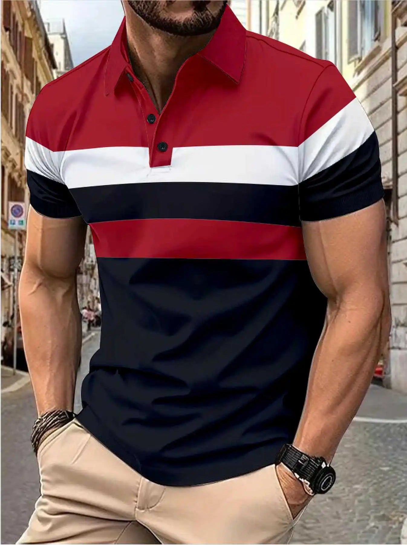 Men’s short sleeve chest three stripes color matching fashion with men’s lapel short sleeve men’s fashion casual