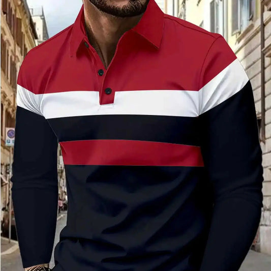 Men’s short sleeve chest three stripes color matching fashion with men’s lapel long sleeve