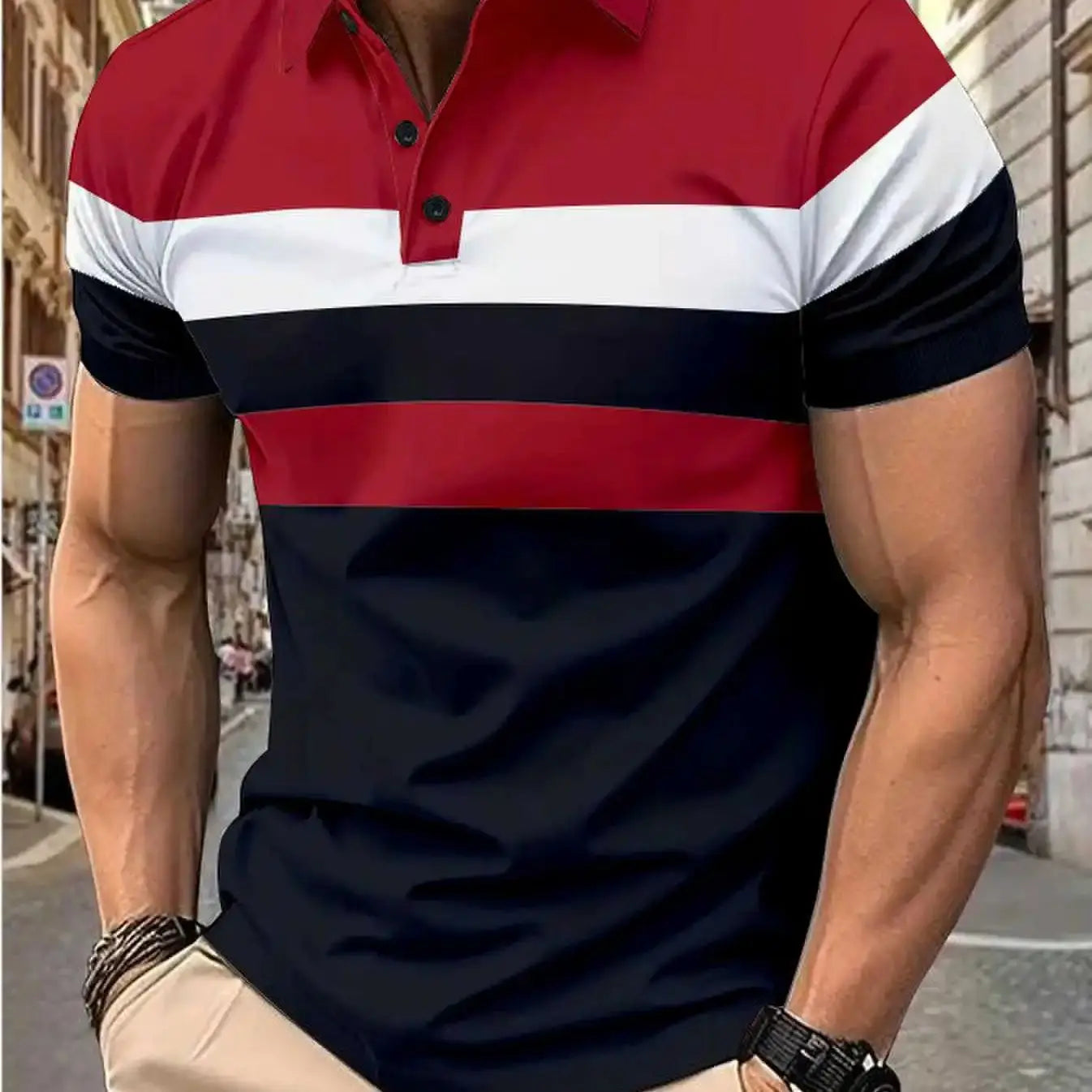 Men’s short sleeve chest three stripes color matching fashion with men’s lapel short sleeve men’s fashion casual