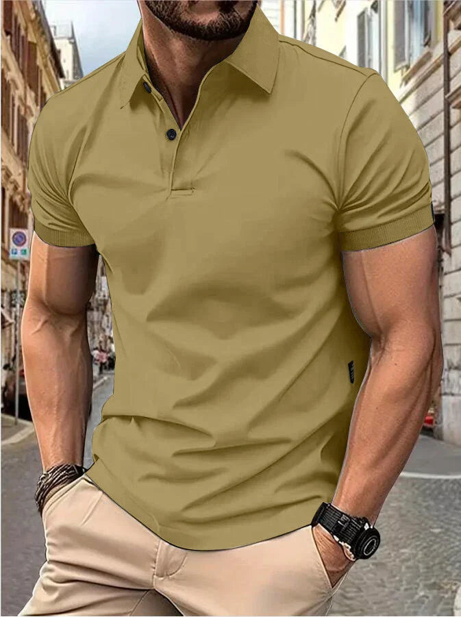 Men’s solid color short-sleeved button-down lapel T-shirt casual top