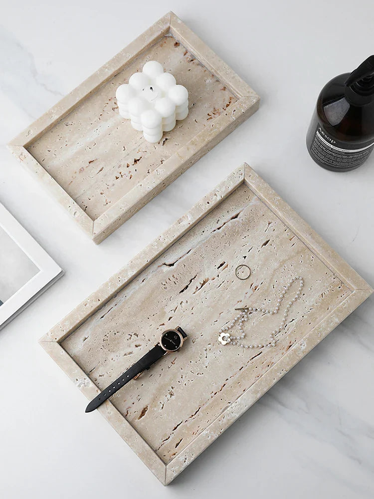 Minimalism Marble Tray for Perfume Candles Jewelry Travertine Stone Vanity Tray for Dresser Countertop Coffee Table