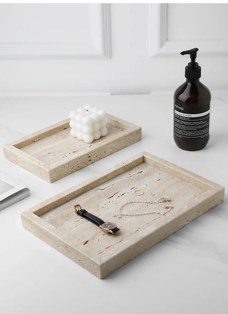 Minimalism Marble Tray for Perfume Candles Jewelry Travertine Stone Vanity Tray for Dresser Countertop Coffee Table