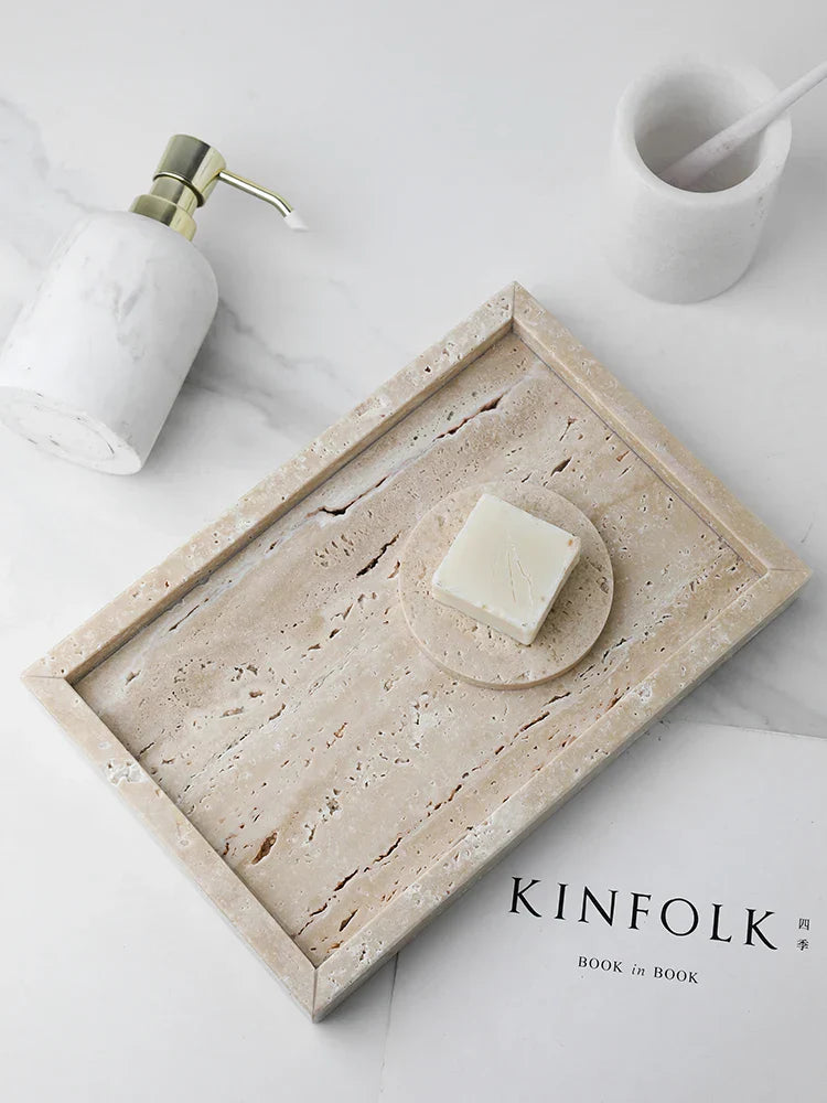 Minimalism Marble Tray for Perfume Candles Jewelry Travertine Stone Vanity Tray for Dresser Countertop Coffee Table