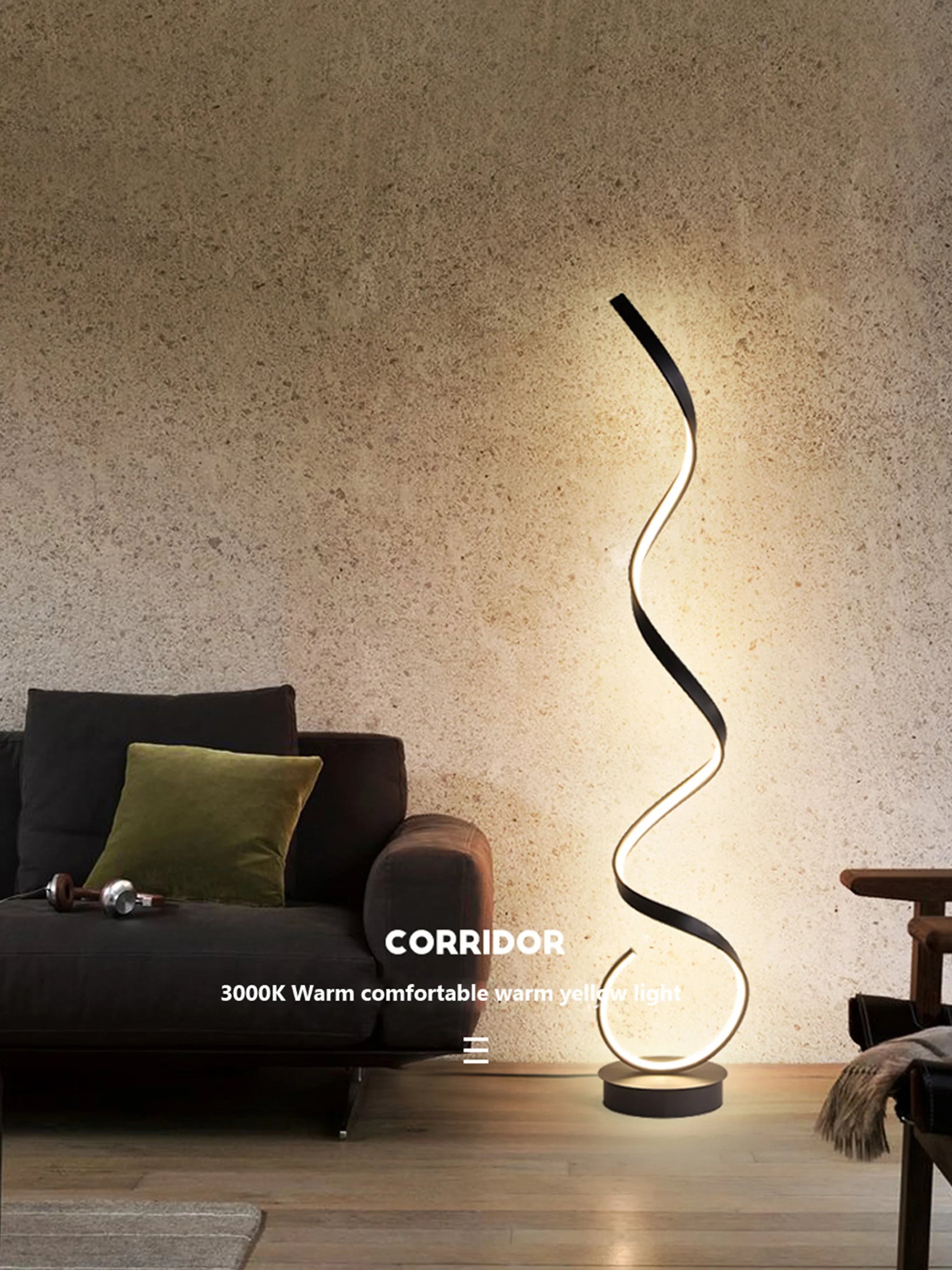 Minimalist LED Floor Lamp Home Decor Fixtures Aluminium Floor Light With LED For Living Room Bedroom Spiral Black