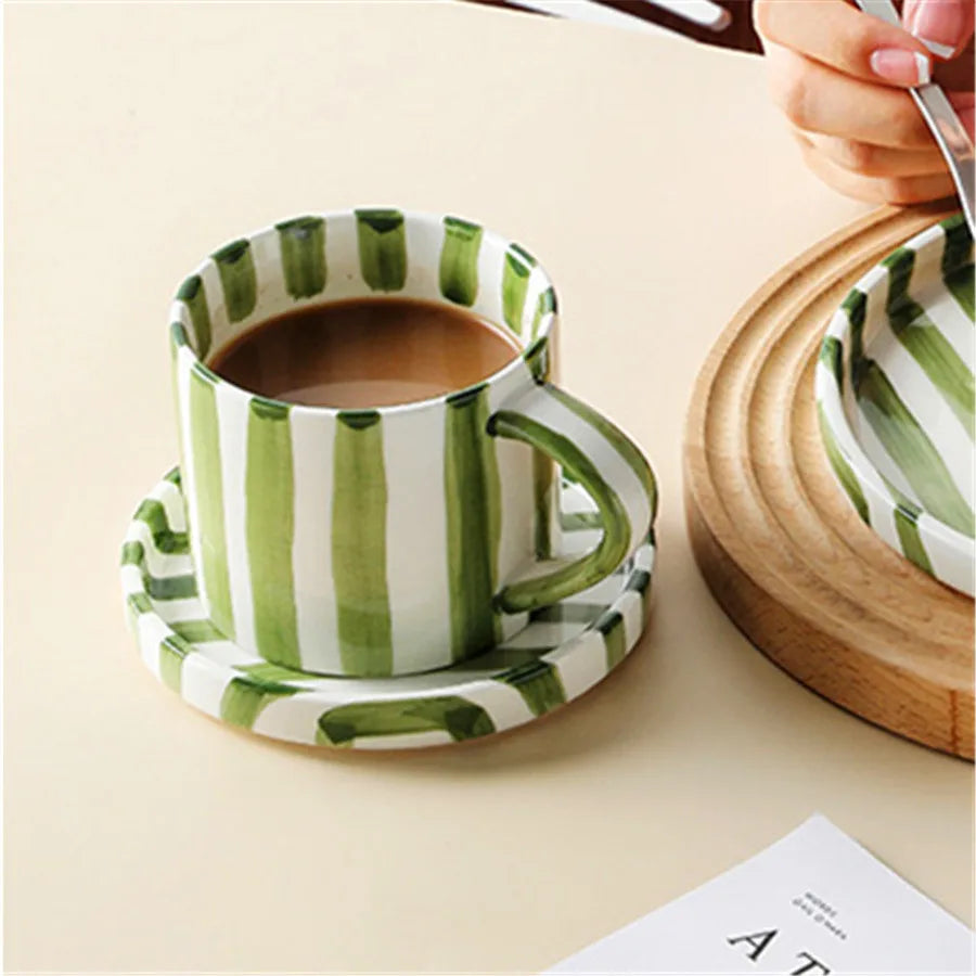 Minimalist striped hand drawn cup and plate set ceramic milk coffee cup 280ml/9.5oz afternoon tea coffee cup household