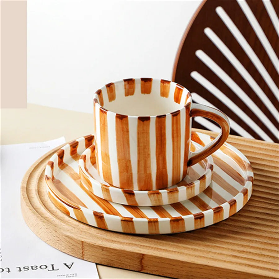 Minimalist striped hand drawn cup and plate set ceramic milk coffee cup 280ml/9.5oz afternoon tea coffee cup household