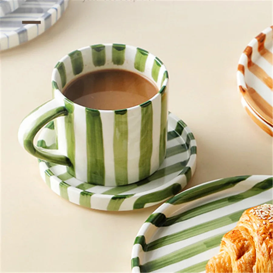 Minimalist striped hand drawn cup and plate set ceramic milk coffee cup 280ml/9.5oz afternoon tea coffee cup household