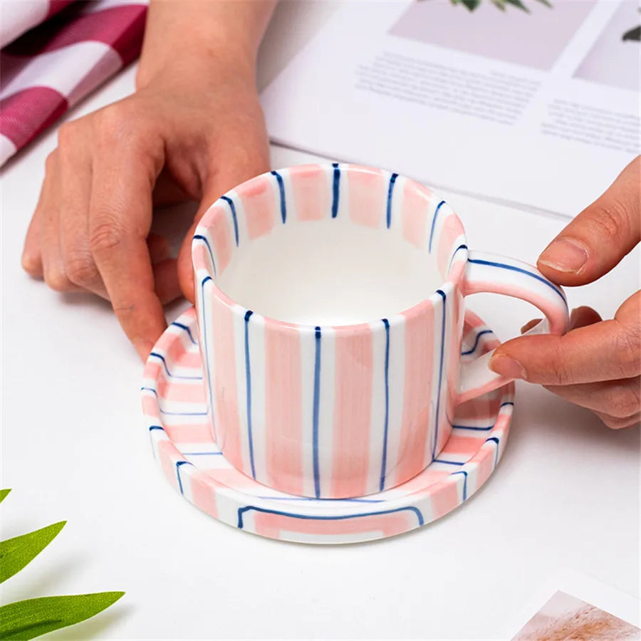 Minimalist striped hand drawn cup and plate set ceramic milk coffee cup 280ml/9.5oz afternoon tea coffee cup household