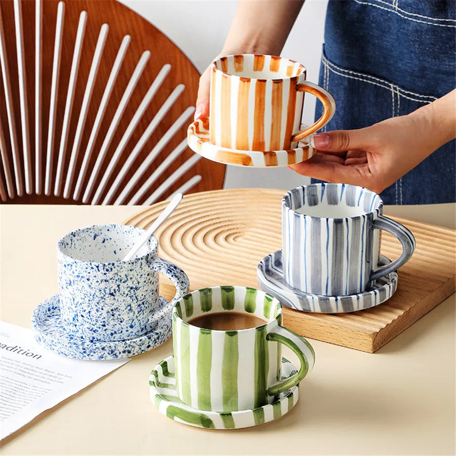 Minimalist striped hand drawn cup and plate set ceramic milk coffee cup 280ml/9.5oz afternoon tea coffee cup household