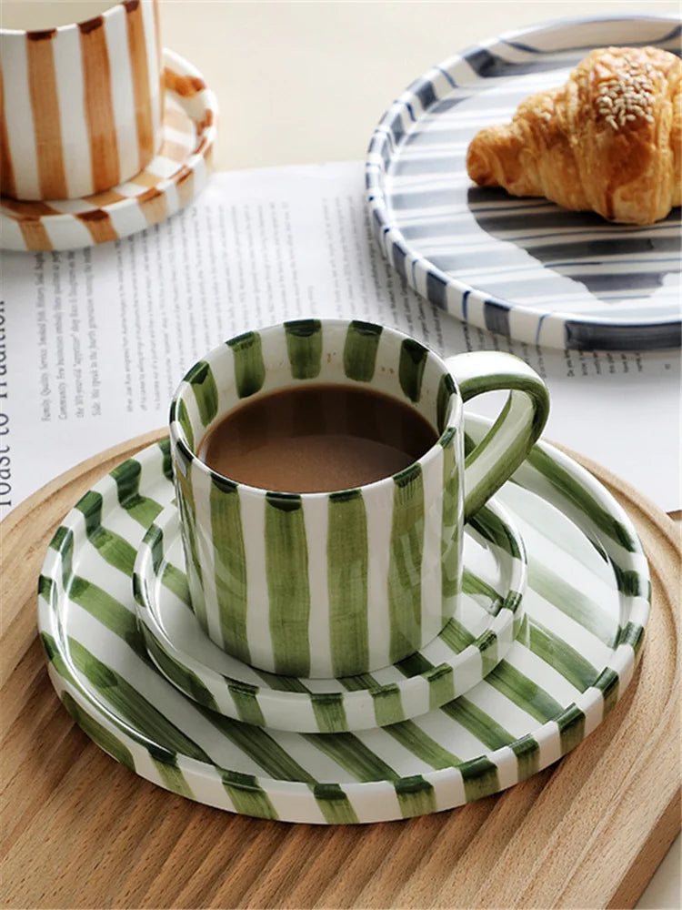 Minimalist striped hand drawn cup and plate set ceramic milk coffee cup 280ml/9.5oz afternoon tea coffee cup household