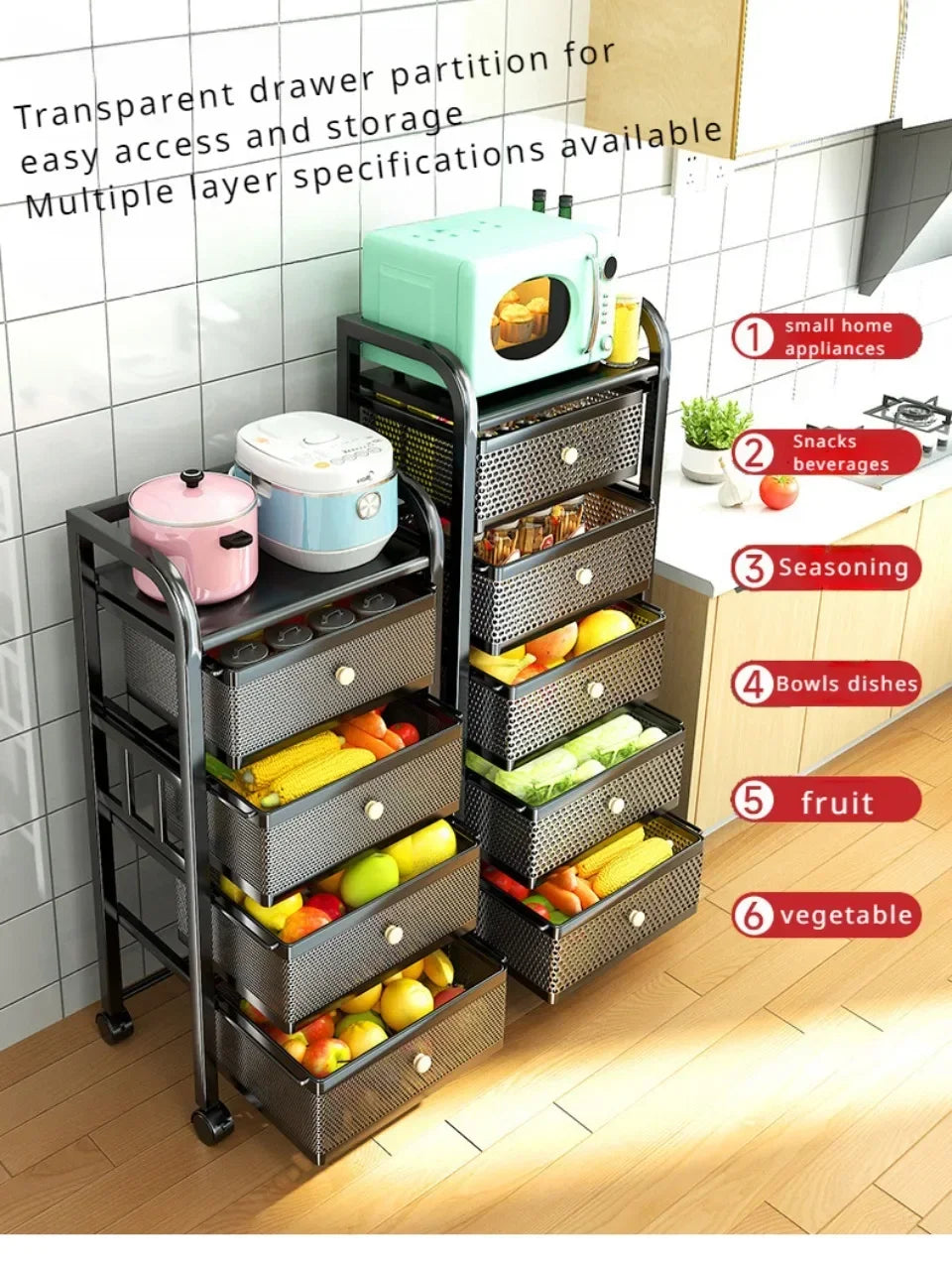 Mobile Storage Rack Trolley Drawer Shelf Basket Rolling Floor-To-Ceiling Storage Rack Kitchen Multifunctional Cart