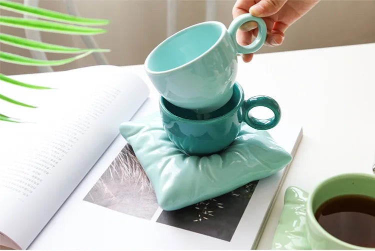 Modern Ceramic Mug Creative Pillow Cushion Afternoon Camellia Tea Cup Dish Set Milk Coffee Cup Family Decoration