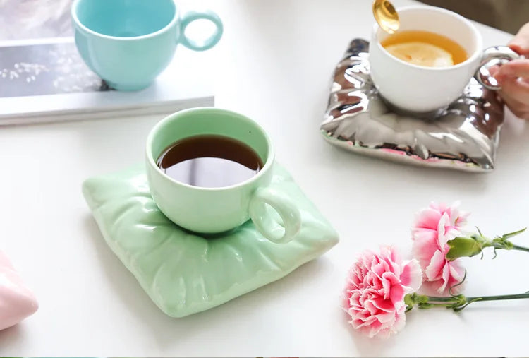 Modern Ceramic Mug Creative Pillow Cushion Afternoon Camellia Tea Cup Dish Set Milk Coffee Cup Family Decoration