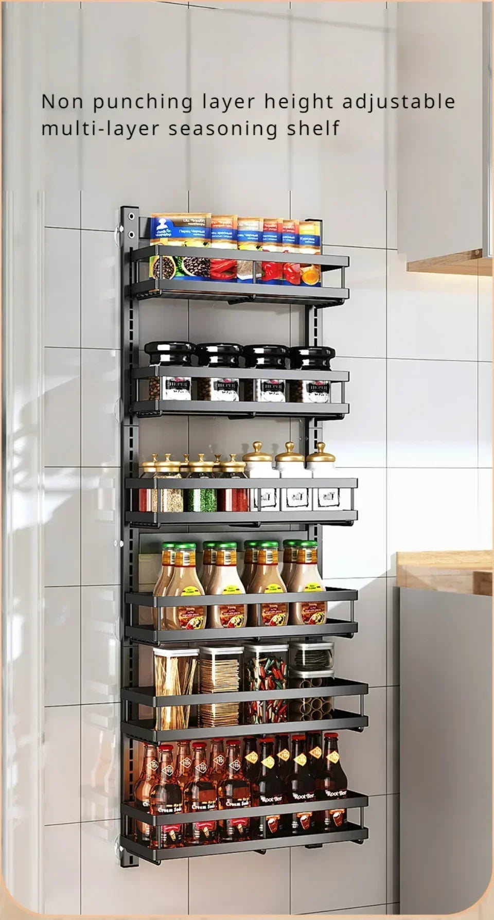 Multi-Layer Adjustable Food Spice Rack Kitchen Wall Mount Organizer Storage Rack Bathroom Storage Pantry Shelve Wall