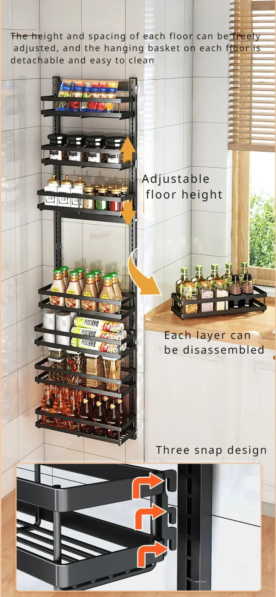 Multi-Layer Adjustable Food Spice Rack Kitchen Wall Mount Organizer Storage Rack Bathroom Storage Pantry Shelve Wall