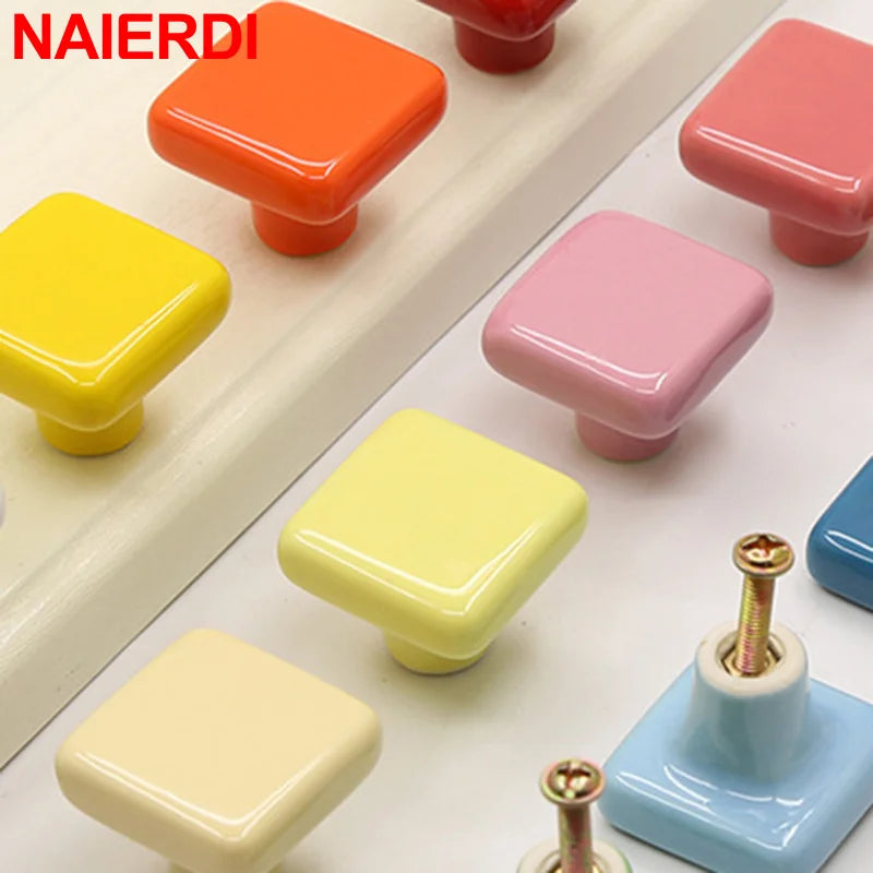 NAIERDI Colorful Ceramic Cabinet Knobs and Handles 32mm Square Kitchen Handle Drawer Knobs for Kids Room Furniture