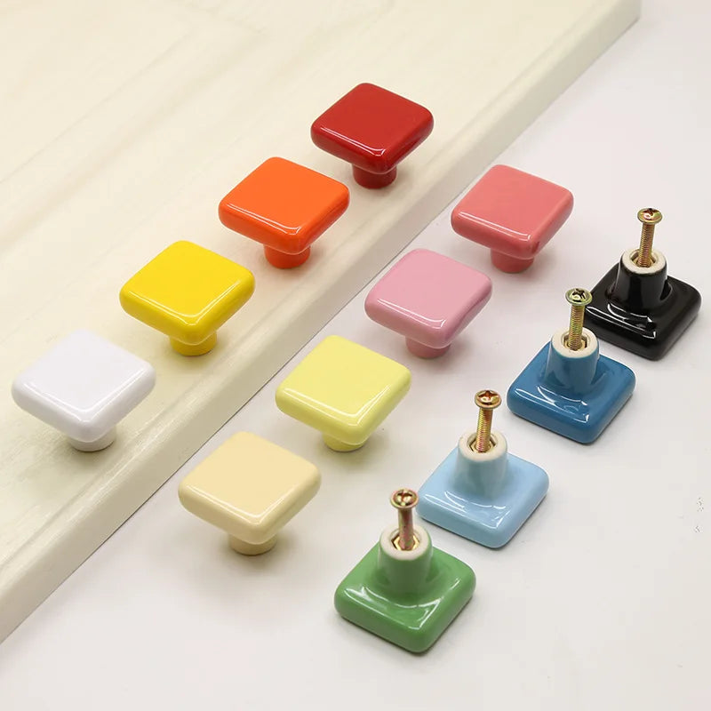 NAIERDI Colorful Ceramic Cabinet Knobs and Handles 32mm Square Kitchen Handle Drawer Knobs for Kids Room Furniture