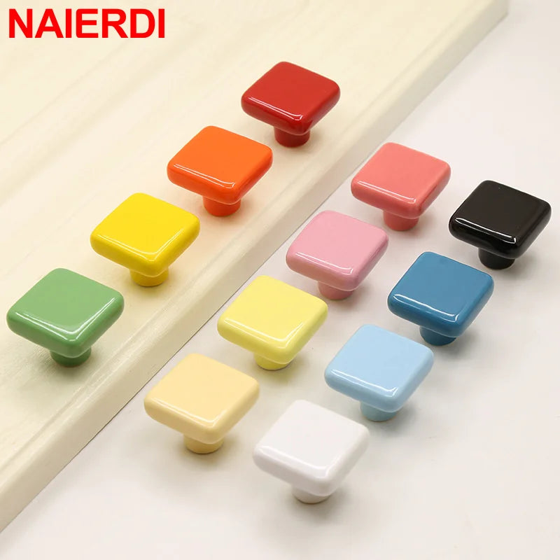 NAIERDI Colorful Ceramic Cabinet Knobs and Handles 32mm Square Kitchen Handle Drawer Knobs for Kids Room Furniture