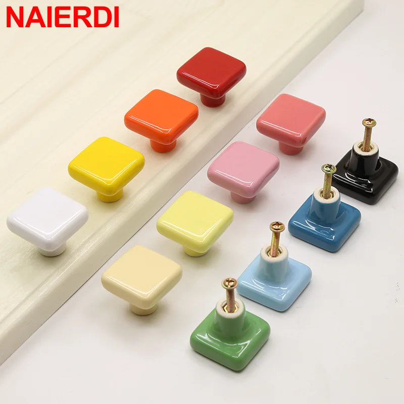 NAIERDI Colorful Ceramic Cabinet Knobs and Handles 32mm Square Kitchen Handle Drawer Knobs for Kids Room Furniture