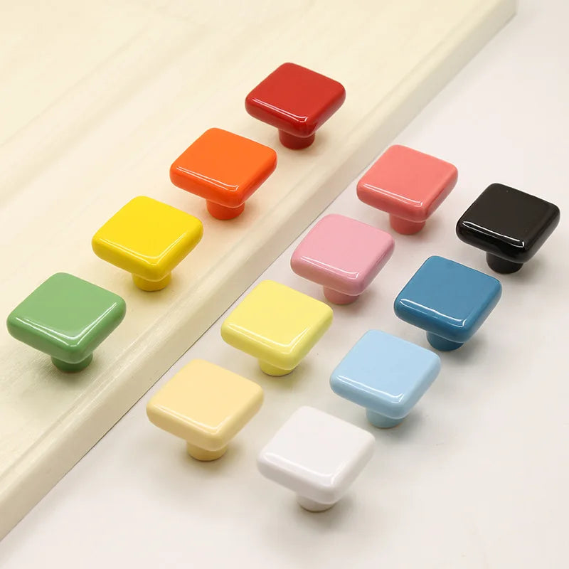 NAIERDI Colorful Ceramic Cabinet Knobs and Handles 32mm Square Kitchen Handle Drawer Knobs for Kids Room Furniture