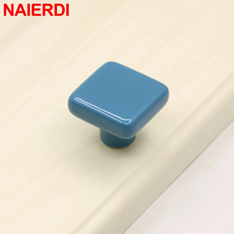 NAIERDI Colorful Ceramic Cabinet Knobs and Handles 32mm Square Kitchen Handle Drawer Knobs for Kids Room Furniture