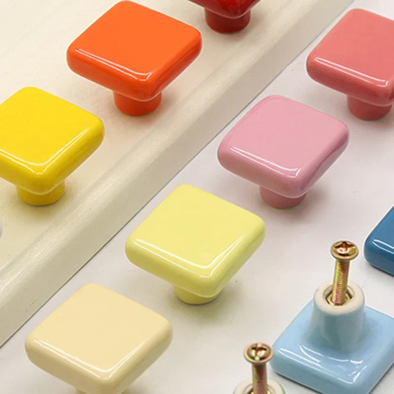 NAIERDI Colorful Ceramic Cabinet Knobs and Handles 32mm Square Kitchen Handle Drawer Knobs for Kids Room Furniture