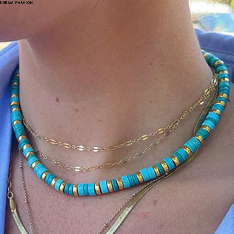 New Arrival Natural Stone Fashion Fashion Twin Design Necklace Clavicle Chain Male and Female Personality Turquoise