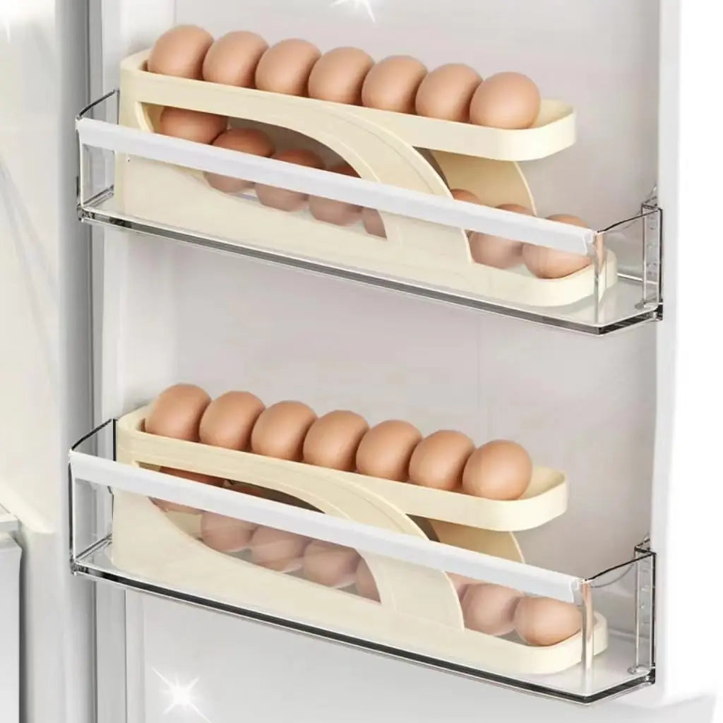 New Automatic Rolling Double-layer Egg Dispenser Egg Holder Dispenser for Refrigerator Holds 15 Eggs Space-Saving Egg