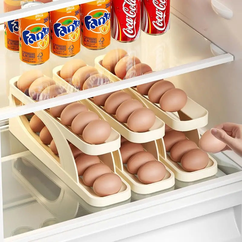 New Automatic Rolling Double-layer Egg Dispenser Egg Holder Dispenser for Refrigerator Holds 15 Eggs Space-Saving Egg