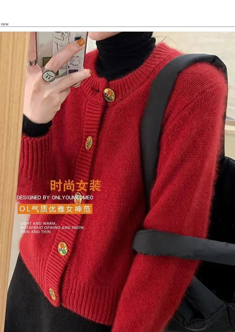 New autumn/winter sweater red 100% cashmere cardigan women’s wool sweater thick loose top coat