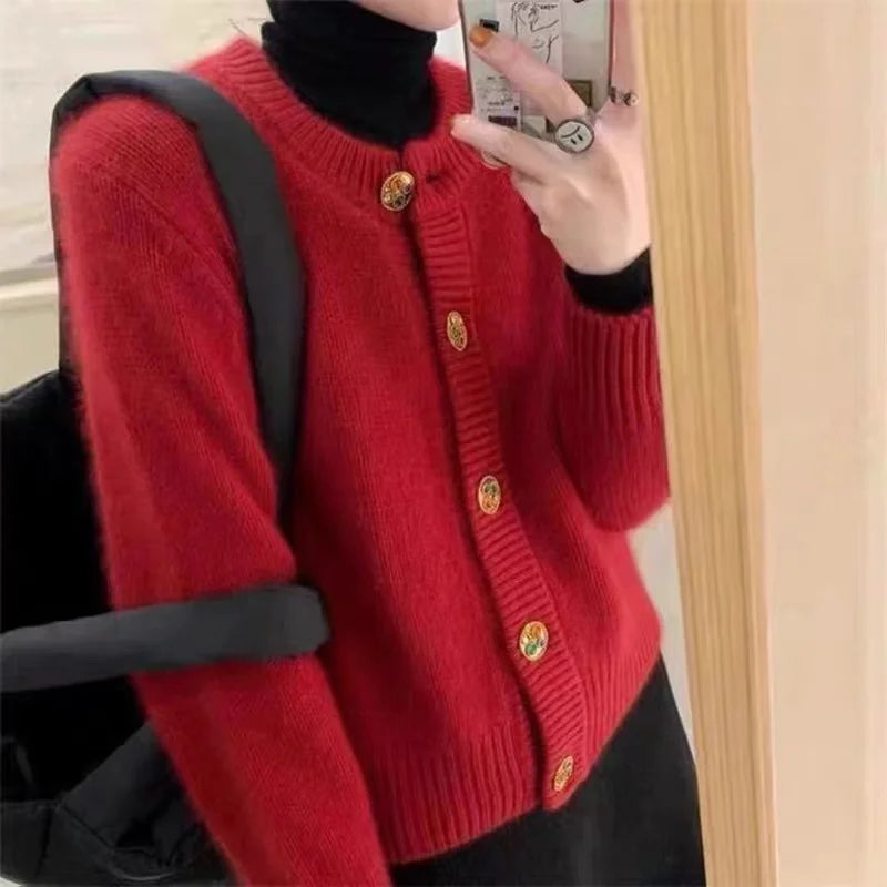 New autumn/winter sweater red 100% cashmere cardigan women’s wool sweater thick loose top coat