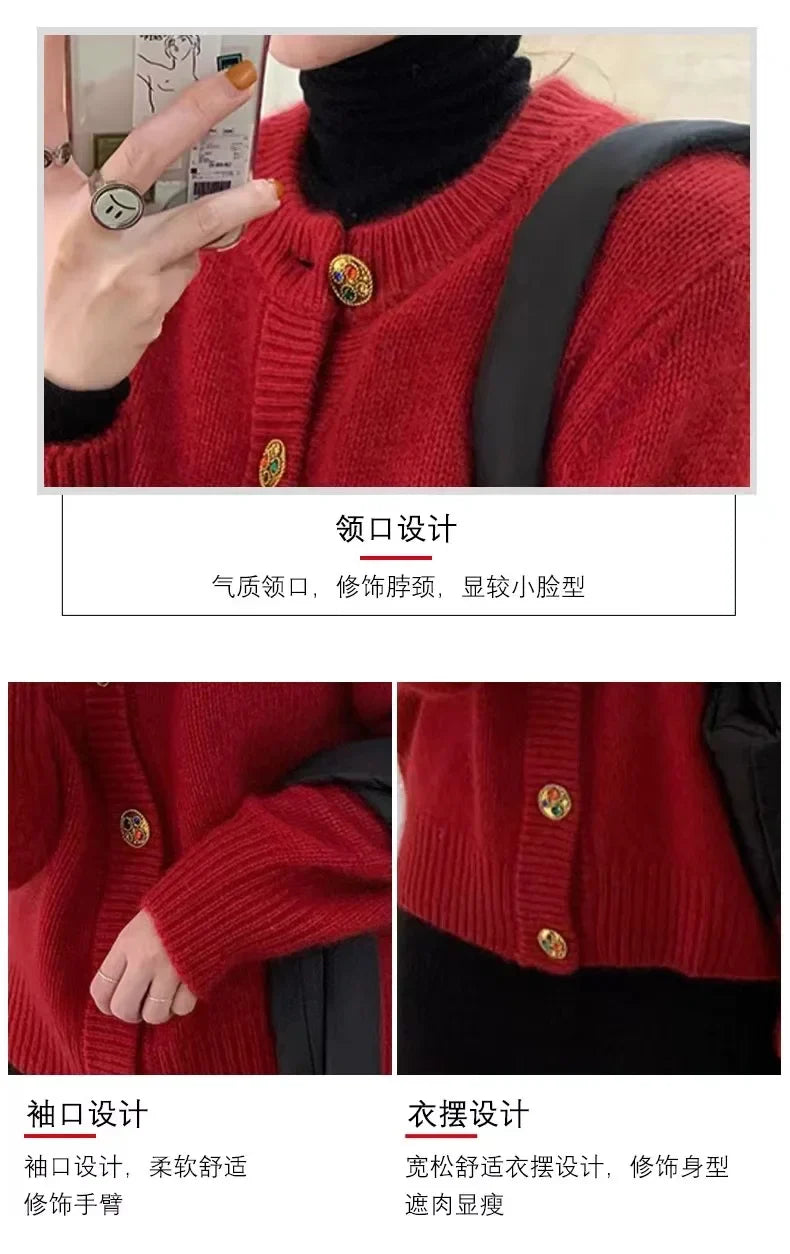 New autumn/winter sweater red 100% cashmere cardigan women’s wool sweater thick loose top coat