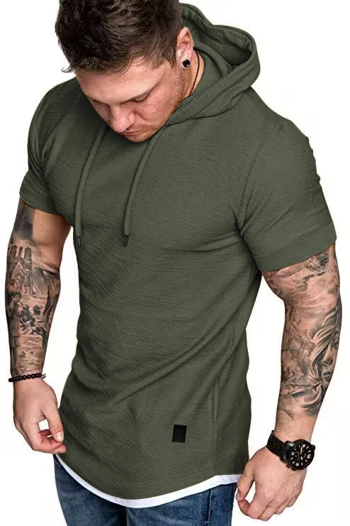 New men’s summer hooded T-shirt Men’s solid color top men’s short sleeve T-shirt Hoodie casual fashion men’s