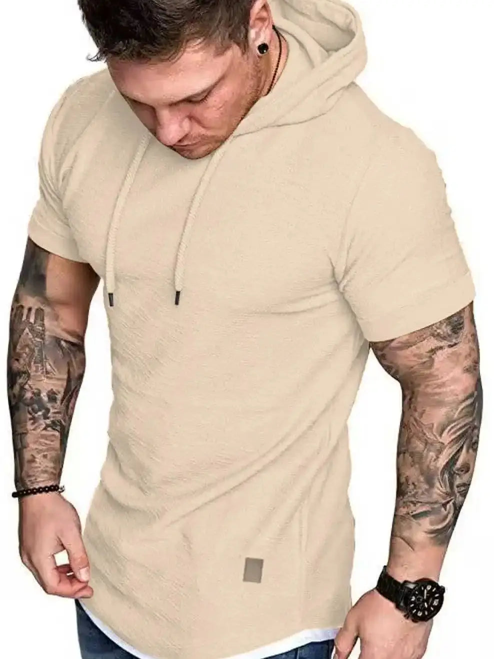 New men’s summer hooded T-shirt Men’s solid color top men’s short sleeve T-shirt Hoodie casual fashion men’s