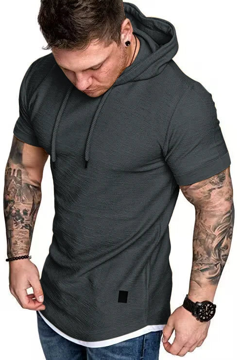 New men’s summer hooded T-shirt Men’s solid color top men’s short sleeve T-shirt Hoodie casual fashion men’s