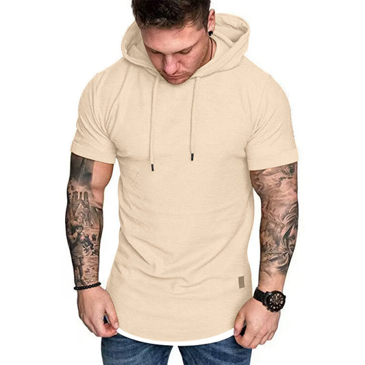 New men’s summer hooded T-shirt Men’s solid color top men’s short sleeve T-shirt Hoodie casual fashion men’s