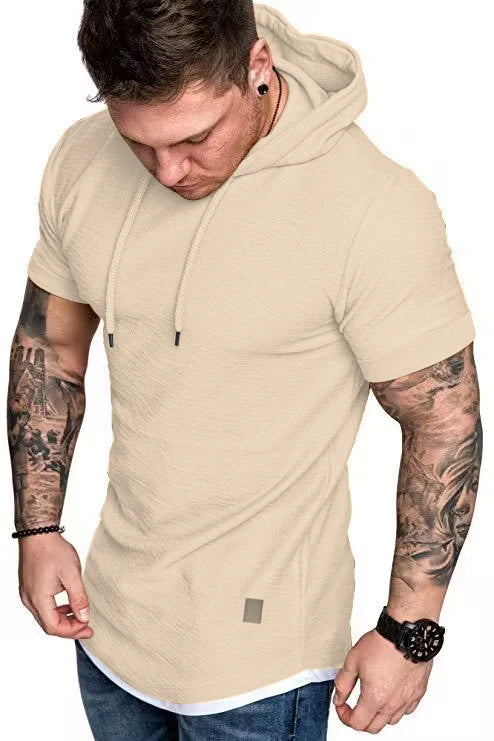 New men’s summer hooded T-shirt Men’s solid color top men’s short sleeve T-shirt Hoodie casual fashion men’s