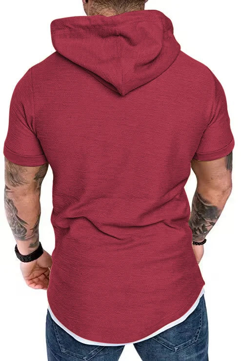 New men’s summer hooded T-shirt Men’s solid color top men’s short sleeve T-shirt Hoodie casual fashion men’s