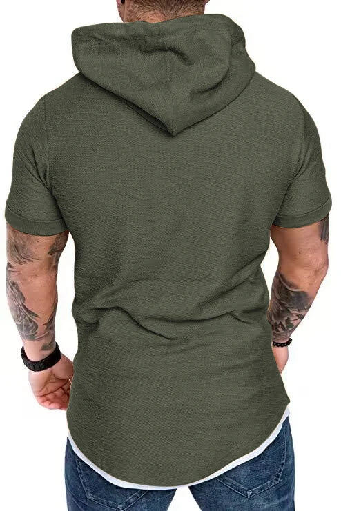 New men’s summer hooded T-shirt Men’s solid color top men’s short sleeve T-shirt Hoodie casual fashion men’s