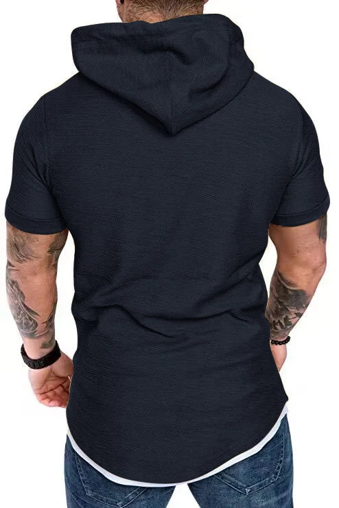 New men’s summer hooded T-shirt Men’s solid color top men’s short sleeve T-shirt Hoodie casual fashion men’s