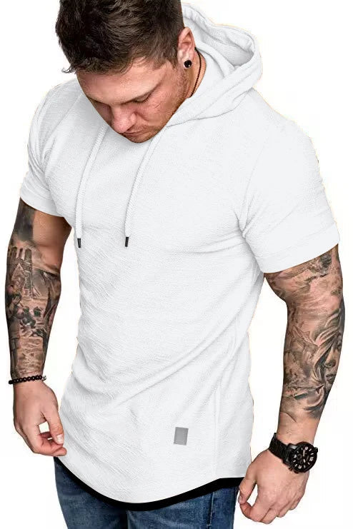 New men’s summer hooded T-shirt Men’s solid color top men’s short sleeve T-shirt Hoodie casual fashion men’s