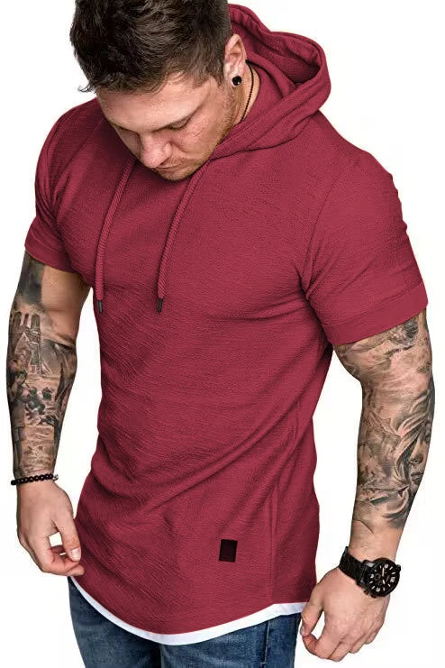 New men’s summer hooded T-shirt Men’s solid color top men’s short sleeve T-shirt Hoodie casual fashion men’s