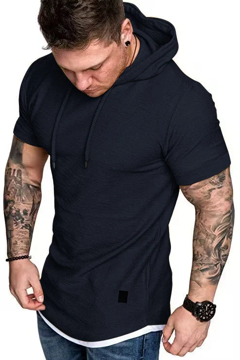 New men’s summer hooded T-shirt Men’s solid color top men’s short sleeve T-shirt Hoodie casual fashion men’s