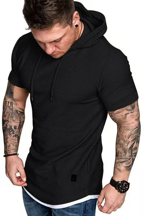 New summer hooded T-shirt men’s solid color men’s short sleeve T-shirt hoodie